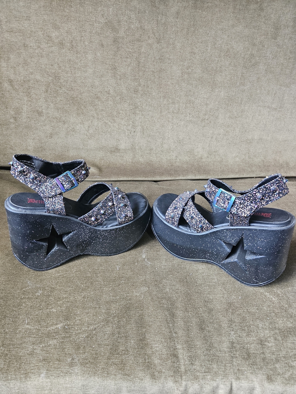 Demonia Dynamite Sandals - Black Glitter Platform Sandals with Studs - Womens 10 - Picture 8 of 11